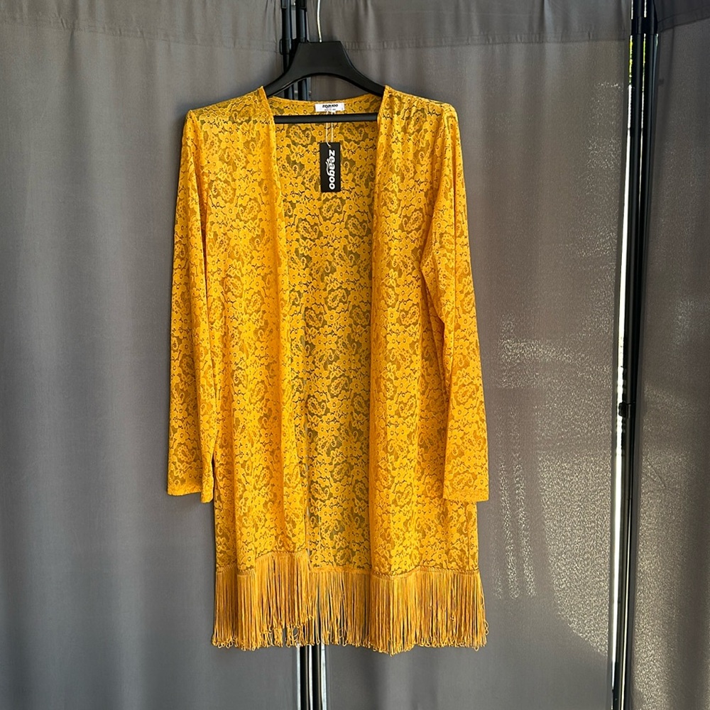 Zeagoo kimono cardigan with fringe yellow/orange Large
